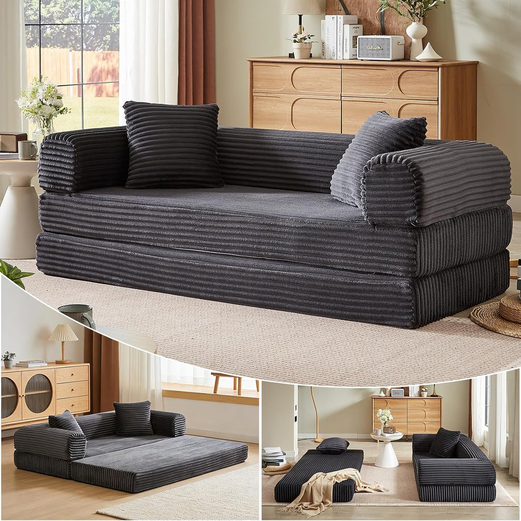 78 Inch Convertible Futon Sofa Bed,Folding Boneless Couches with Sleeper Sofa,Fold Out Floor Sofa Couch with Deep Seat,Cloud Corduroy Foldable Mattress Couch for Living Room (Dark Grey)