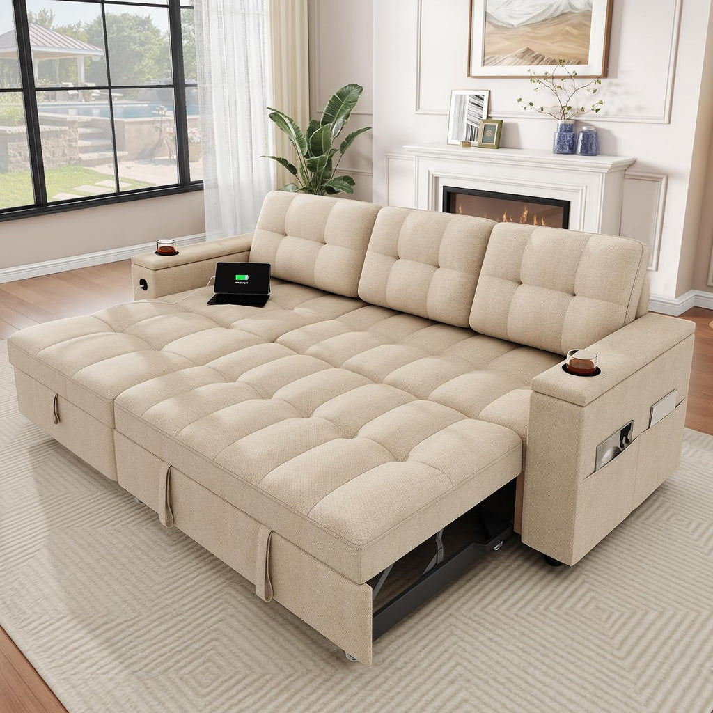 YITAHOME Sleeper Sofa, L-Shaped Sofa Couch Bed with Storage Chaise & USB, Reversible Sleeper with Pull Out Bed, 4-Seat Fabric Convertible Sofa, 2-in-1 Pull Out for Living Room, Beige