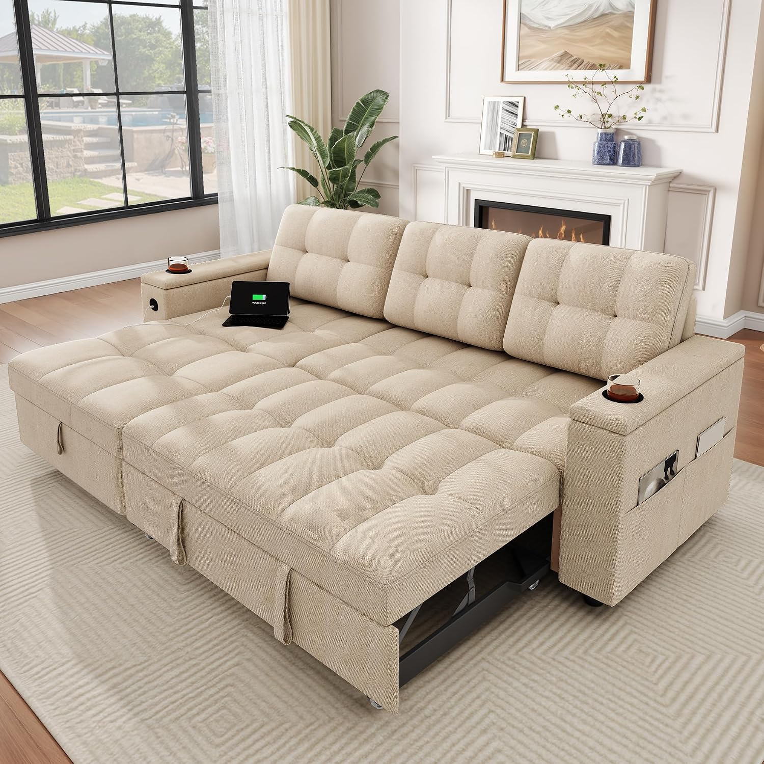 YITAHOME Sleeper Sofa, L-Shaped Sofa Couch Bed with Storage Chaise & USB, Reversible Sleeper with Pull Out Bed, 4-Seat Fabric Convertible Sofa, 2-in-1 Pull Out for Living Room, Beige