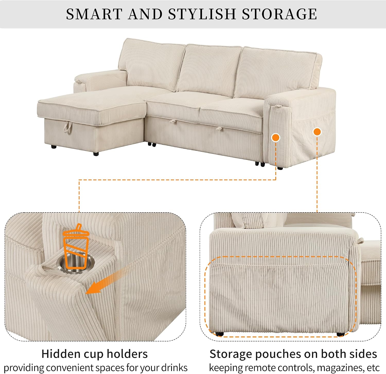 Sleeper Sofa, 96' Corduroy 2-in-1 Pull Out Sofa Bed, Convertible Sofa Bed Couch with Storage Chaise, L Shaped Sofa with Hidden Cup Holders, 3 Seater Sofa for Living Room, Apartments, Beige