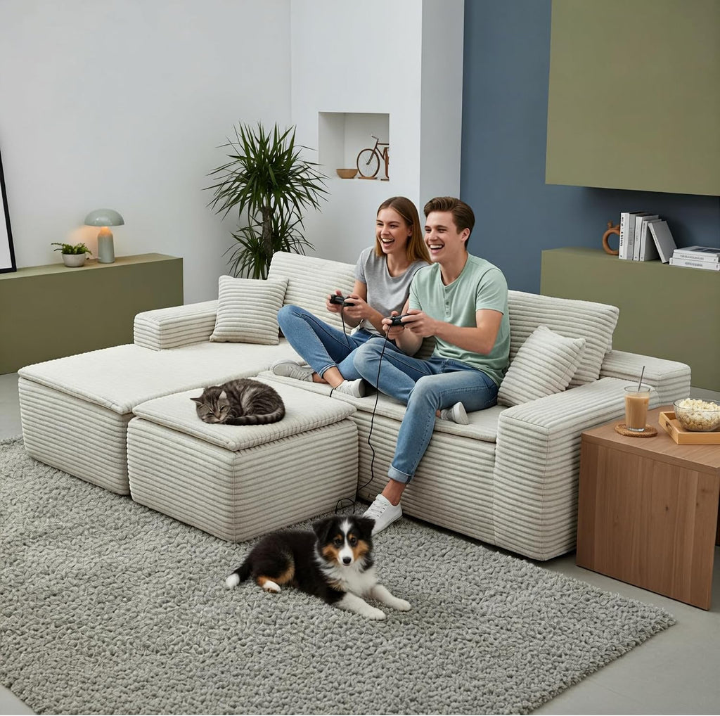 Luxury Cloud Sectional Couch, Modular Boneless Sofa, Corduroy Fabric Memory Foam Sofa in a Box, Modern Deep Seat Oversized Living Room Furniture, No Assembly Double-Layer Soft Cushion