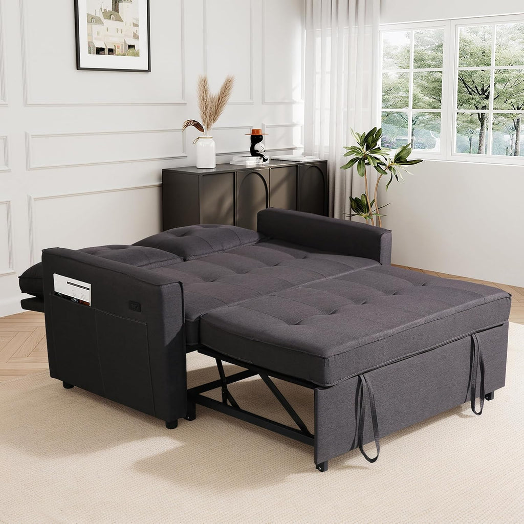 EJUNQ Pull Out Couch, Convertible Sofa Bed with USB and Reclining Backrest, Modern 3 in 1 Sleeper Sofa Couch Bed with Side Pockets, Comfortable Loveseat Sleeper for Small Spaces.(Dark Grey)