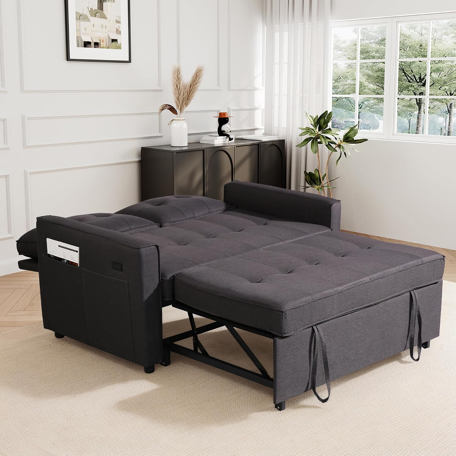 EJUNQ Pull Out Couch, Convertible Sofa Bed with USB and Reclining Backrest, Modern 3 in 1 Sleeper Sofa Couch Bed with Side Pockets, Comfortable Loveseat Sleeper for Small Spaces.(Dark Grey)