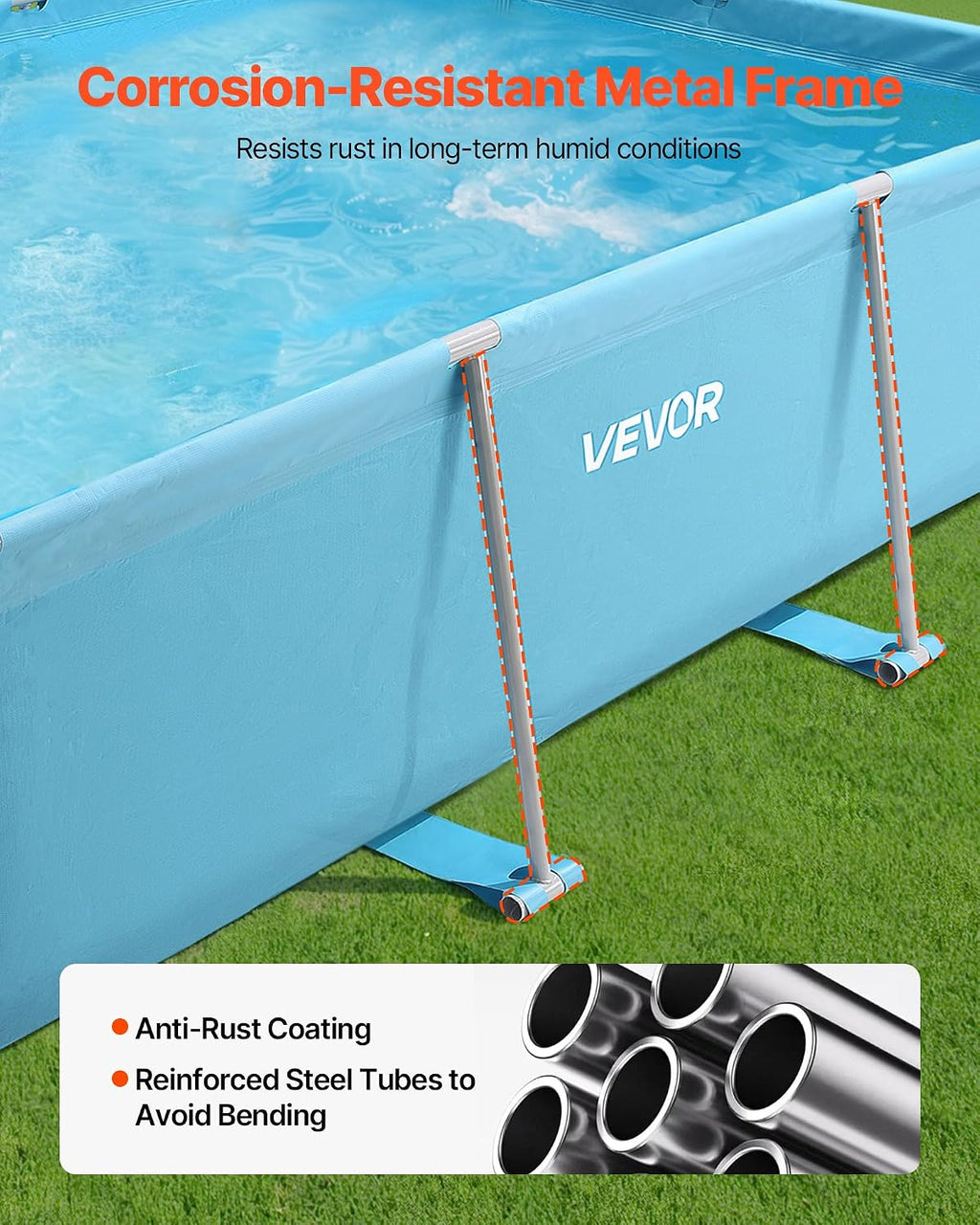 VEVOR Frame Above Ground Swimming Pool, 118 x 78 x 30 in Rectangular Steel Metal Frame, Large Rectangle Outdoor Backyard Family Pool, Easy to Assemble Rust-Resistant, 1046 Gallon Water Capacity, Blue