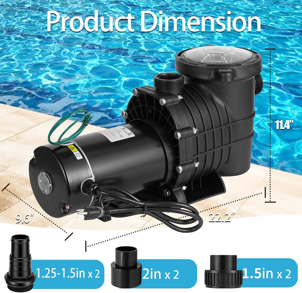 Leomru 1.5 HP Pool Pump 6500 GPH Self Priming in/Above Ground Swimming Pool Pump 110V/220V Dual Voltage Single Speed Pumps with Strainer Basket 6Pcs Connectors