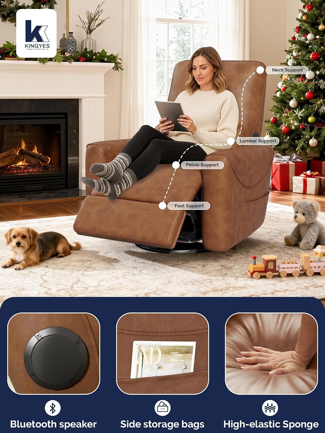 KINGYES Nursery Recliner Rocking Chair, 270° Swivel Glider, with Bluetooth Speaker & USB-C Port, Faux Leather Nursery Rocking Chair, Brown