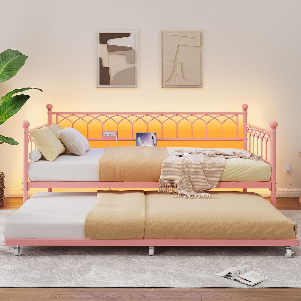 IDEALHOUSE Twin Daybed with Trundle, Day Bed with Charging Station and LED Lights, Heavy Duty Metal Bed Frame, Metal Sofa Bed Frame with Steel Slat Support for Living Room, Bedroom, Apartment, Pink