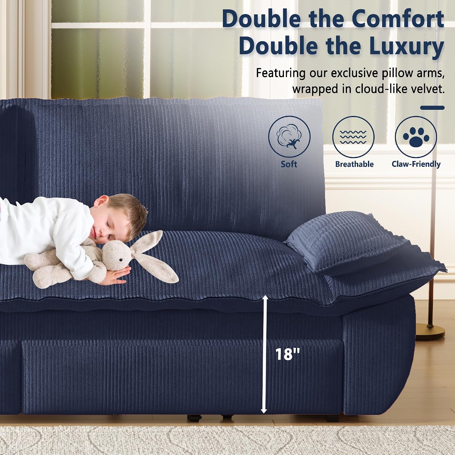 73.2' Sofa Bed Queen Size, Pull Out Couch Bed, 3-in-1 Convertible Sleeper Sofa with Cushion Armrest, Modern Corduroy Futon Couch for Living Room, Small Space, Apartment, Bedroom, Dark Blue