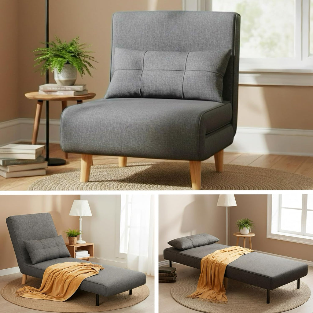 Ahomly Convertible Sleeper Chair, 3 in 1 Chair Bed, Futon for Adults with 6 Angle Adjustable Backrest, Single Sofa Bed for Living Room/Apartment/Office, Dark Gray