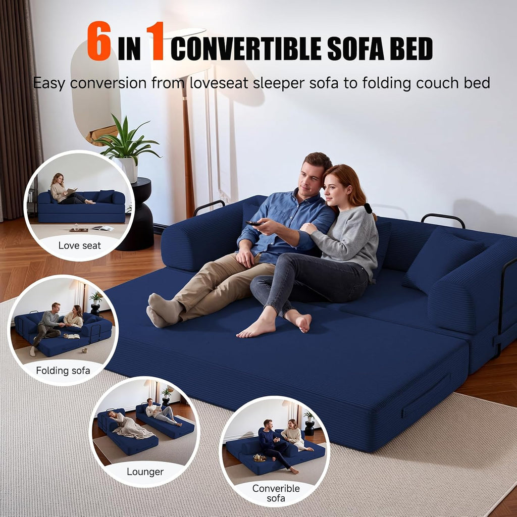 79' Compressed Sofa, Convertible Sofa Bed, Corduroy Compression Boneless Couch with Pillow, Comfy Modular Foldable Floor Sleeper Sofa for Bedroom, Living Room, Lounge, Studio (Dark Blue)