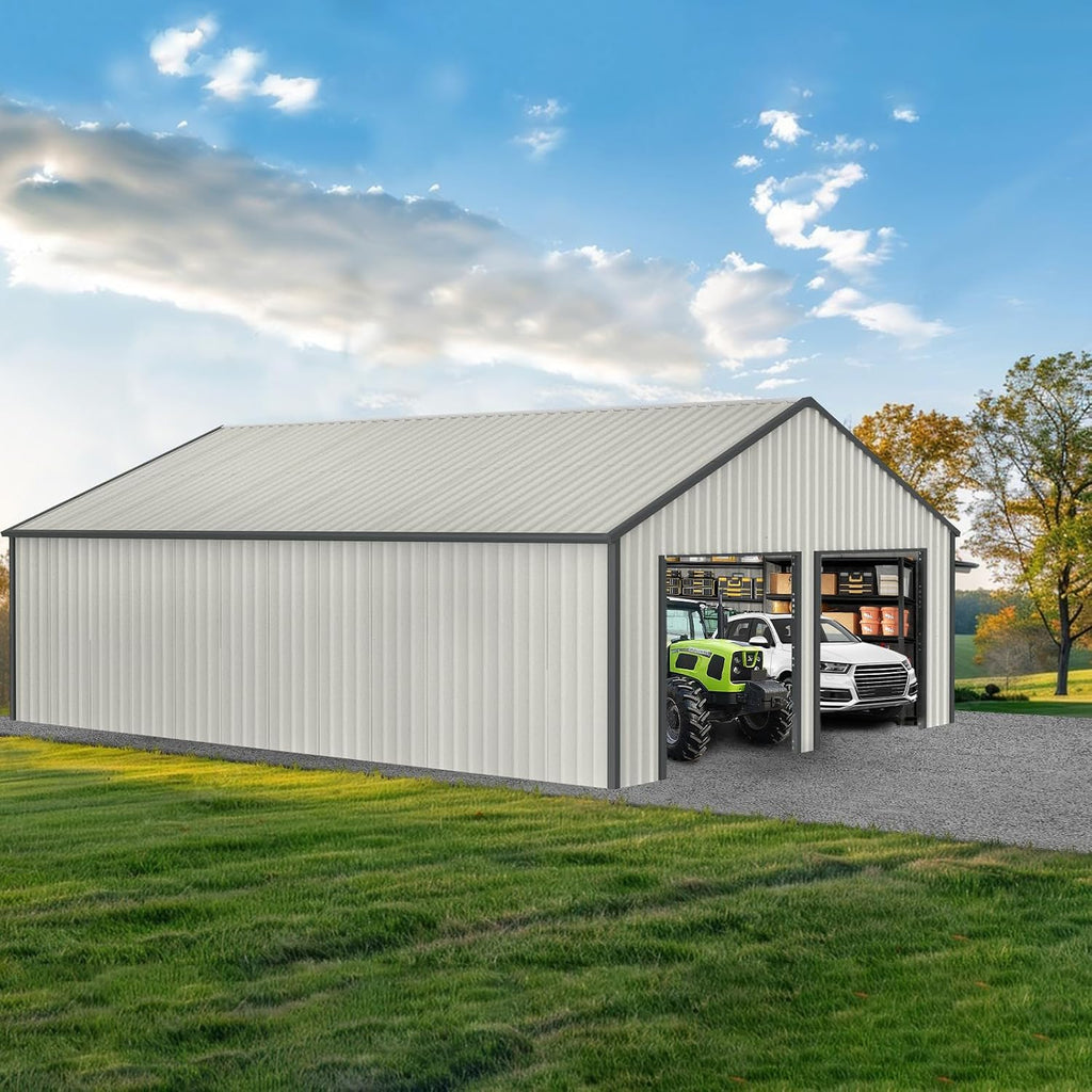 25 x 33 FT Metal Shed, Double Garage Shed with Side Entry Door, 2 Car Prefab Garage with 16 GA Steel Frame, Extra Large Outdoor Storage Building for Truck, Power Tools, Boat, Cream