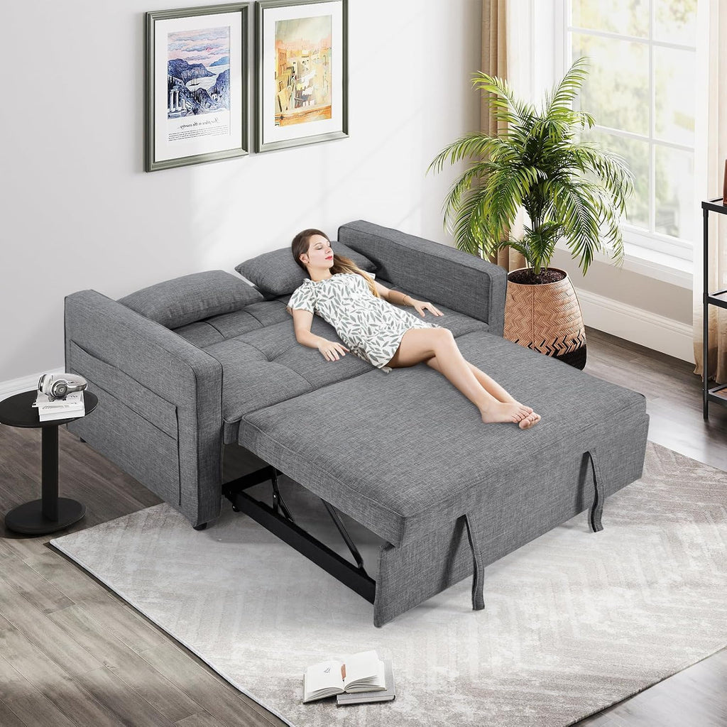 HAOMARKETS 3 in 1 Convertible Sleeper Sofa Bed, Loveseat Chaise Lounge with Pullout Bed, 2-Seater Futon Couches with Storage Pockets, 3-Level Adjustable Backrest and Pillows for Living Room, Grey