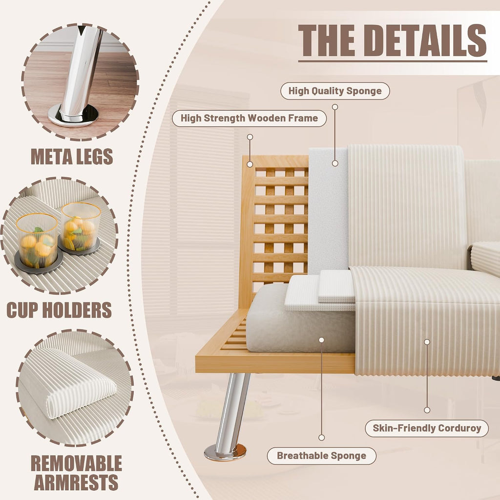 YESHOMY Futon Sofa Bed, Futon Couch with Adjustable Backrest, Convertible Sleeper Sofa with Removable Armrests, Loveseat in Corduroy with 2 Cup Holders for Living Room, Apartment (Beige)