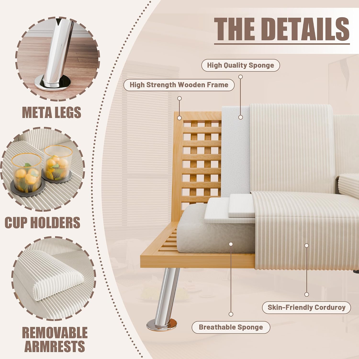 YESHOMY Futon Sofa Bed, Futon Couch with Adjustable Backrest, Convertible Sleeper Sofa with Removable Armrests, Loveseat in Corduroy with 2 Cup Holders for Living Room, Apartment (Beige)