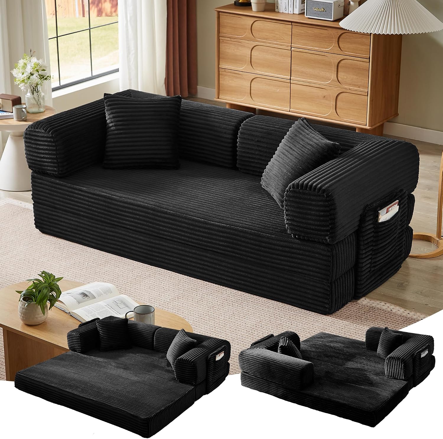 81 Inch Convertible Folding Sofa Bed,Fold Out Floor Sofa Couch with Fixed-Shape Frame,Corduroy Foldable Mattress Cloud Couch for Living Room Bedroom (Black)