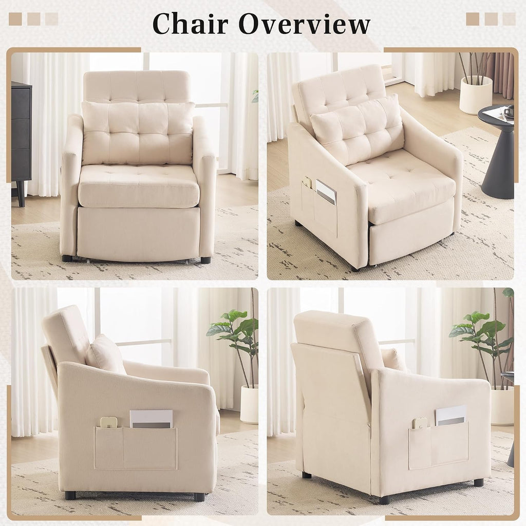 Bezseller Sleeper Sofa Chair Bed, 3-in-1 Convertible Sleeper Chair with Storage Drawer, Pull Out Couch with Side Pocket, Pillow, and Adjustable Backrest, for Living Room Bedroom Apartment, Beige