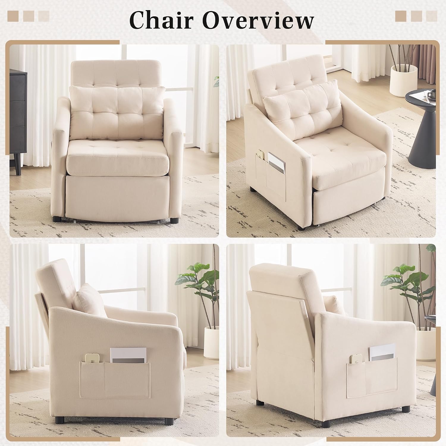 Bezseller Sleeper Sofa Chair Bed, 3-in-1 Convertible Sleeper Chair with Storage Drawer, Pull Out Couch with Side Pocket, Pillow, and Adjustable Backrest, for Living Room Bedroom Apartment, Beige