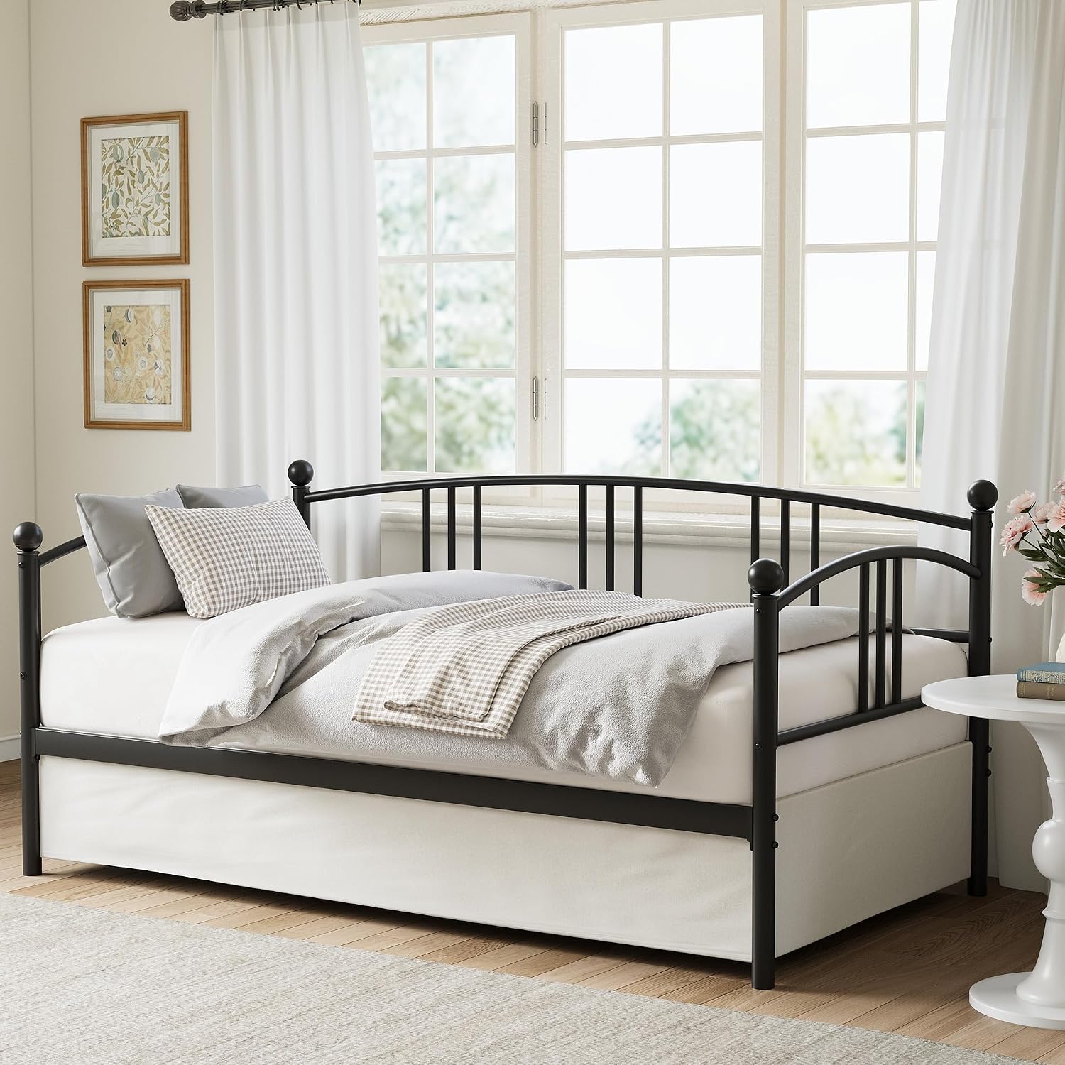 IDEALHOUSE Twin Daybed with Trundle, Metal Twin Size Daybed with Pullout Trundle 6 Casters, Steel Slat Support Sofa Bed for Living Room, Bedroom, Guest Room (Black)