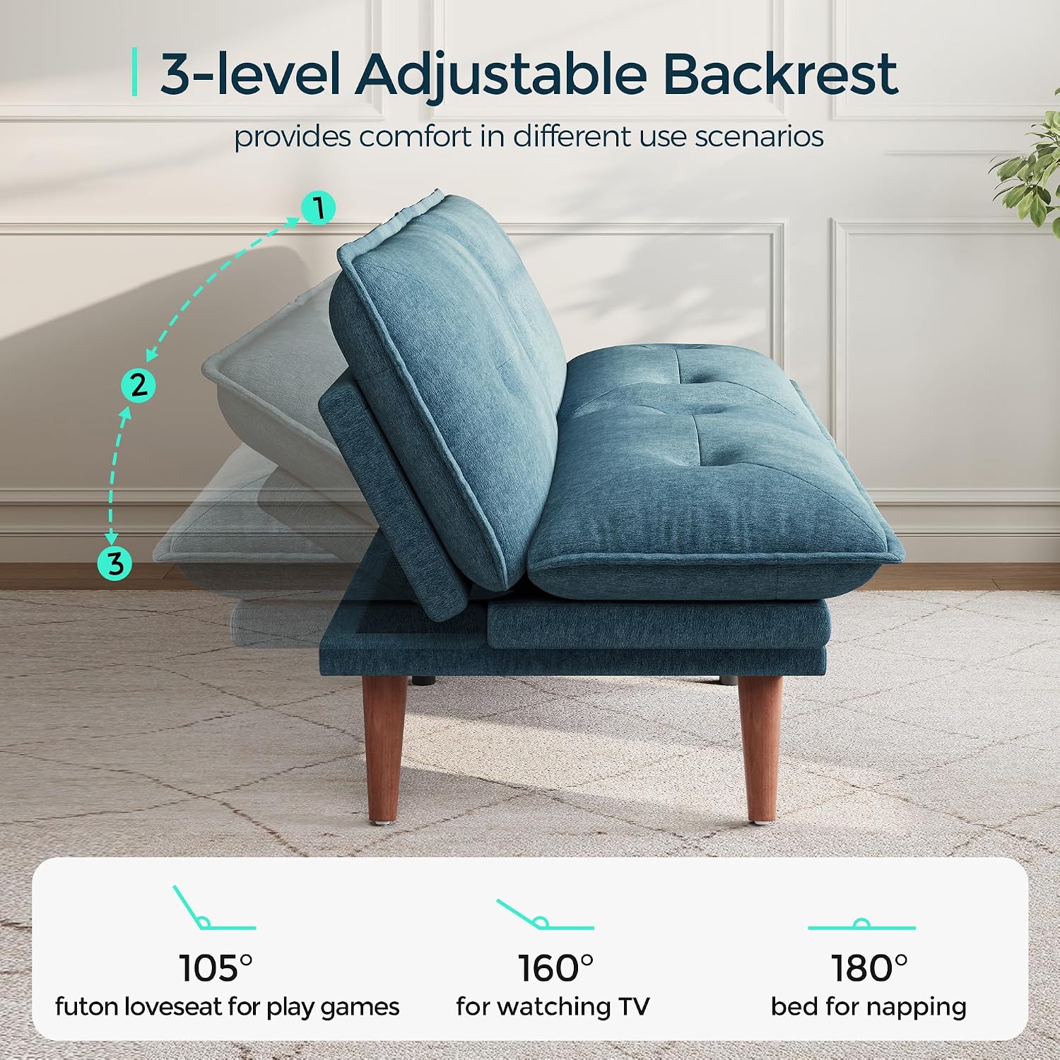 LINSY HOME Futon Sofa Bed, 70' Chenille Futon Couch with Adjustable Backrest Armrest, 3 in 1 Convertible Comfy Loveseat Sleeper Sofa Bed for Small Spaces Dorm Room Apartment Home Office, Blue