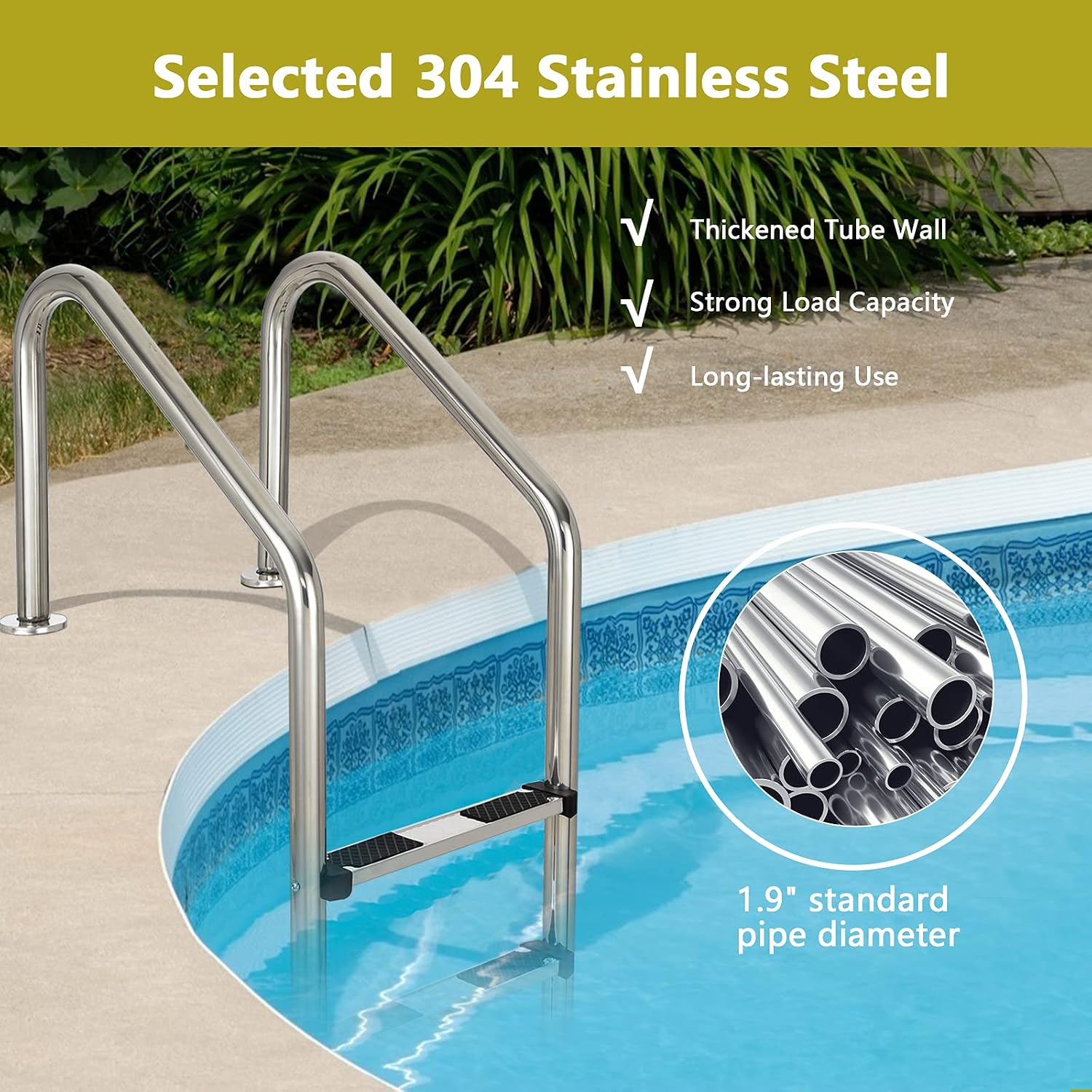 Goplus Swimming Pool Ladder, 3-Step/4-Step In-Ground Stainless Steel Step for Indoor/Outdoor Pool, Heavy Duty Non-Slip Ladder, Easy Assembly (3-Step)