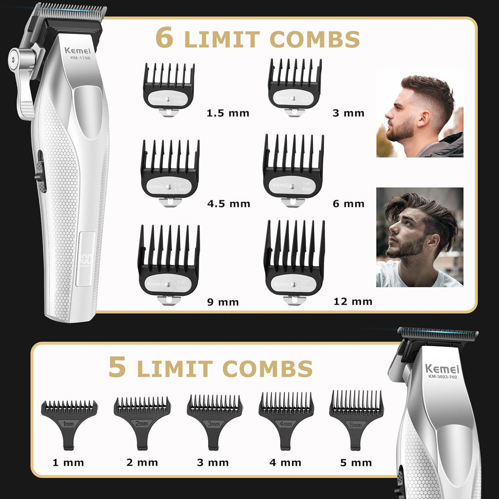 KEMEI Hair Clippers for Men with Full Metal Body, Rechargeable Barber Clippers and Trimmers Set with LED Display, Electric Foil Shavers with UV Cover, KM 3023-702, KM 1798, KM T402