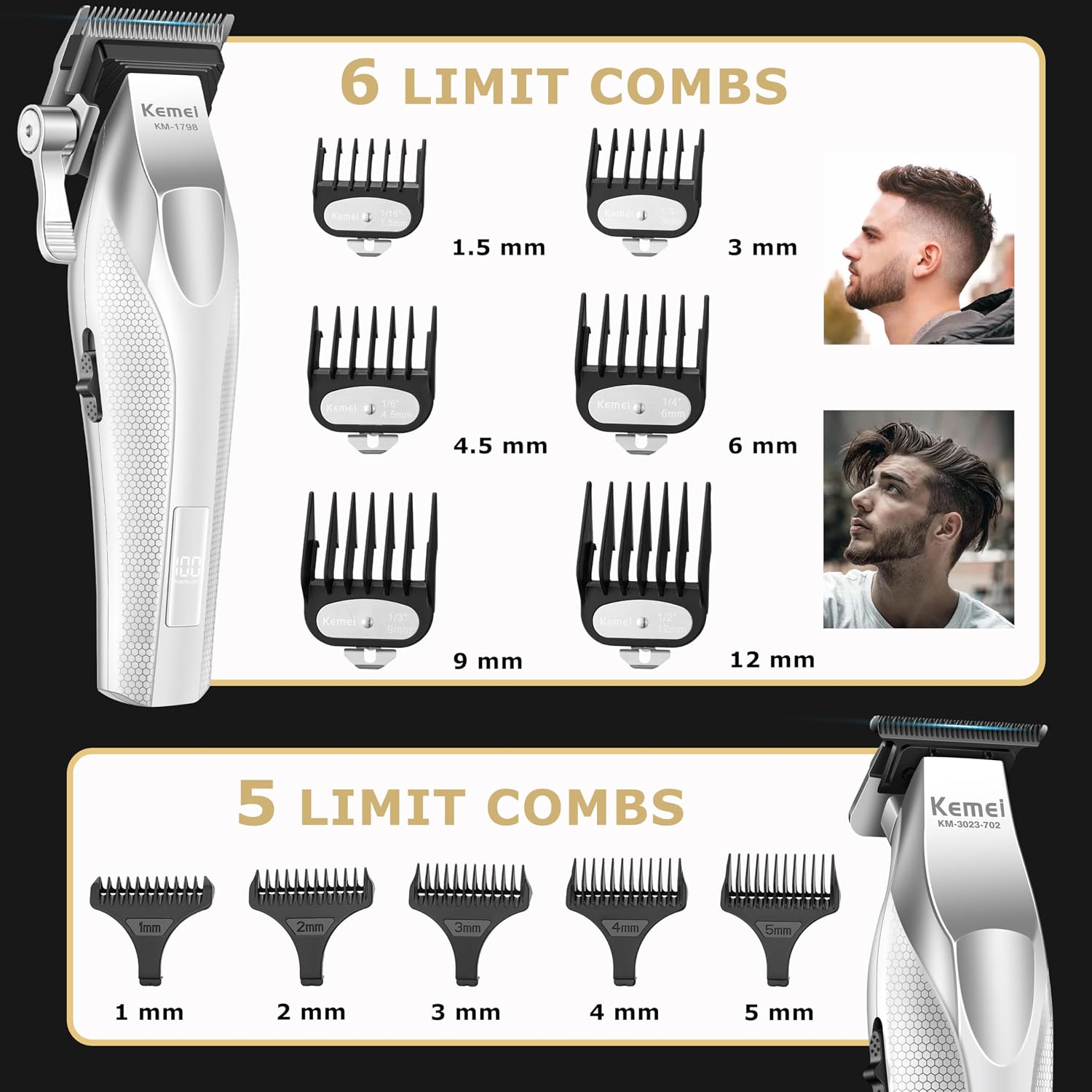 KEMEI Hair Clippers for Men with Full Metal Body, Rechargeable Barber Clippers and Trimmers Set with LED Display, Electric Foil Shavers with UV Cover, KM 3023-702, KM 1798, KM T402