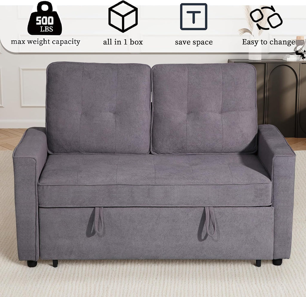 EJUNQ Pull Out Couch, Convertible Sofa Bed with USB and Reclining Backrest, Modern 3 in 1 Sleeper Sofa Couch Bed with Side Pockets, Comfortable Loveseat Sleeper for Small Spaces.((Gray)