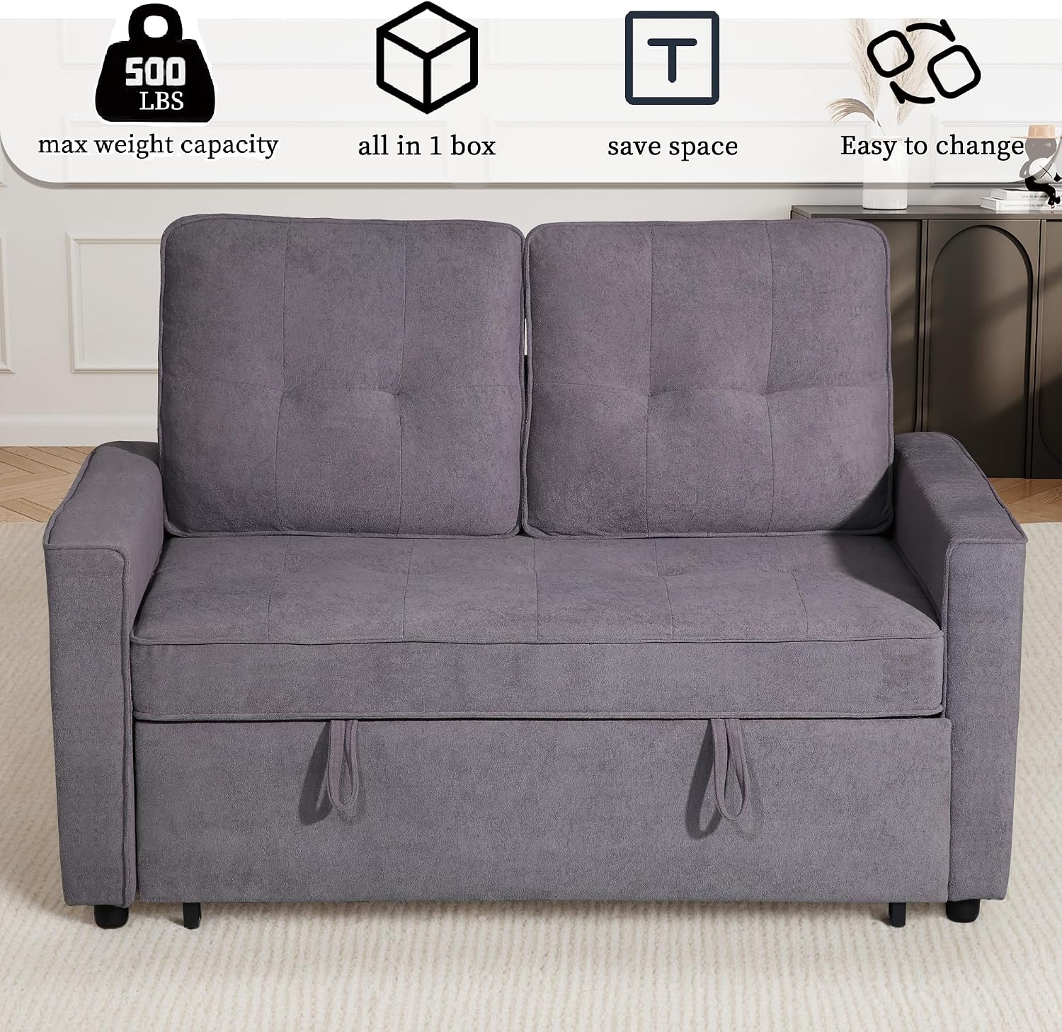 EJUNQ Pull Out Couch, Convertible Sofa Bed with USB and Reclining Backrest, Modern 3 in 1 Sleeper Sofa Couch Bed with Side Pockets, Comfortable Loveseat Sleeper for Small Spaces.((Gray)