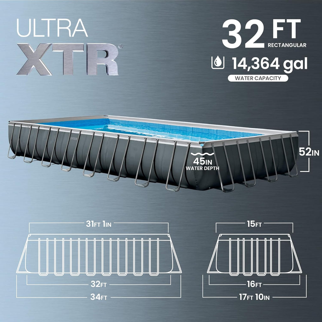 Intex 26373EH Ultra XTR 32ft x 16ft x 52in Above Ground Swimming Pool Set with Sand Filter Pump, Inflatable Lounge Pool Recliners (2-Pack) and Inflatable Cooler