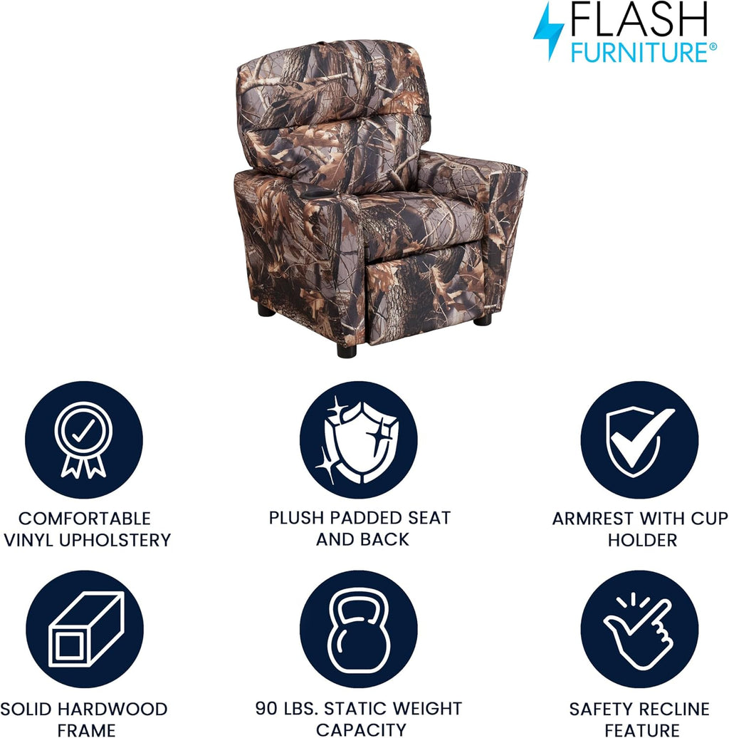 Flash Furniture Chandler Vinyl Kids Recliner with Cup Holder and Safety Recline, Contemporary Reclining Chair for Kids, Supports up to 90 lbs., Camouflage