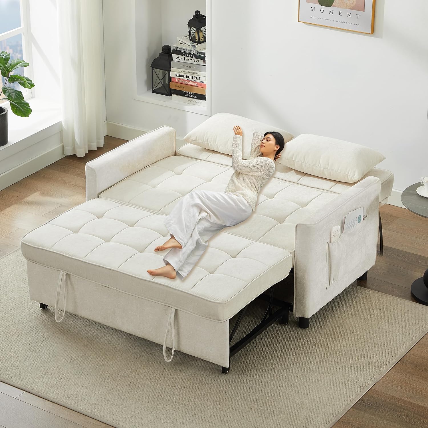 Tbfit 57' Convertible Sofa Bed, Chenille Futon Sleeper Sofa Couch with Pullout Bed, USB & Adjustable Backrest, Full Size Pull Out Loveseat Couches for Living Room, Apartment, Office, Dorm, Beige
