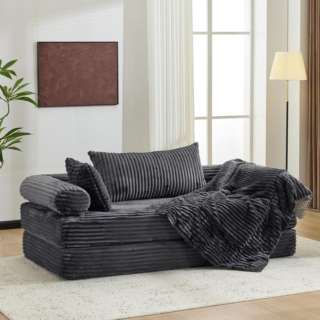 VINGLI Convertible Futon Sofa Bed, Upholstered Corduroy Boneless Couch King Size Floor Loveseat Sleeper Sofa with 2-in-1 Throw Pillow & Blanket Couches for Living Room, Bedroom, Lounge, Dark Gray
