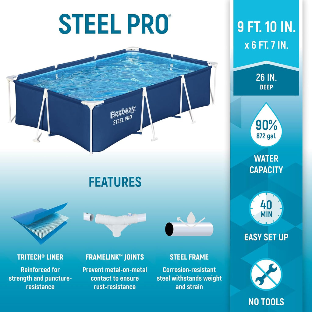 Bestway Steel Pro 9 Feet 10 Inch x 6 Feet 7 Inch x 26 Inch Rectangle Above Ground 872 Gallon Pool Set with DuraPlus Liner and FrameLink System