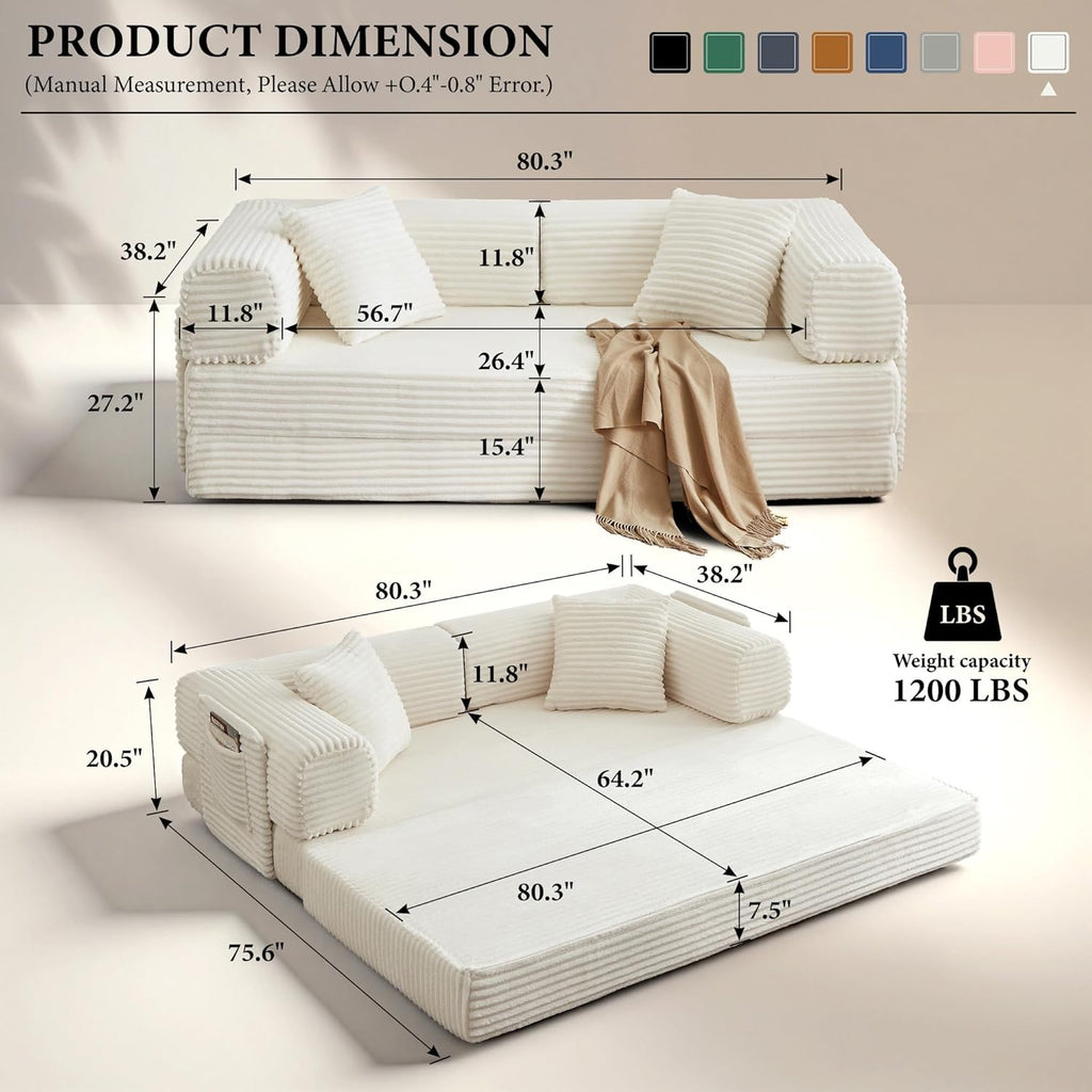 AUGOP Boneless Couch Folding Couches for Living Room Sofa, Futon Sofa Bed with Sleeper Sofa, Futon Couch with Fixed-Shape Oversized Corduroy Upholstered (White, 81 Inches)