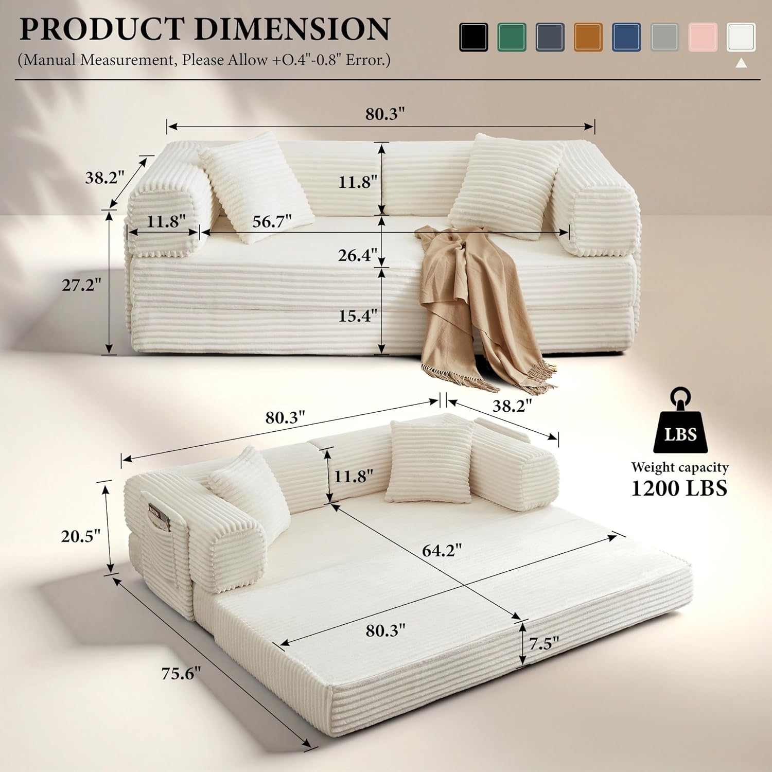 AUGOP Boneless Couch Folding Couches for Living Room Sofa, Futon Sofa Bed with Sleeper Sofa, Futon Couch with Fixed-Shape Oversized Corduroy Upholstered (White, 81 Inches)