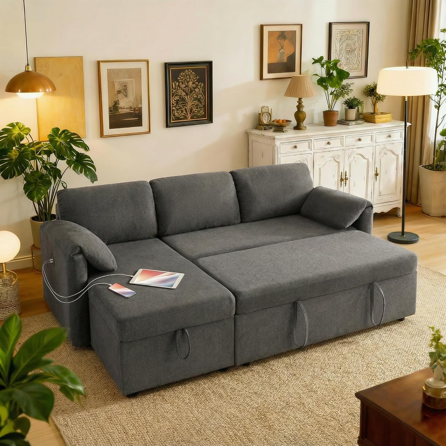 Tbfit 83'' Pull Out Sofa, 3 in 1 Sleeper Sofa Couch with USB & Storage Chaise, Comfy Sofa Bed with Pull Out Bed, Convertible Sleeper Sofas for Living Room, Small Spaces, Dark Gray