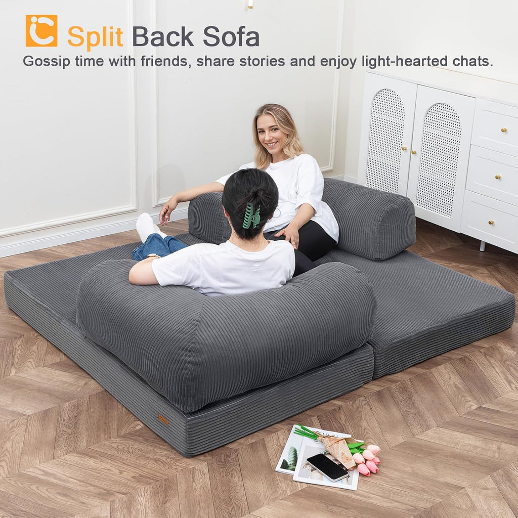 COMAX Futon Sofa Bed, 4-in-1 Floor Foldable Sofa Couch Bed Queen with L-Shaped Armrests, Convertible Folding Chair Bed Sleeper Mattress Fold Out Comfy Lounge for Living Room Bedroom, Grey