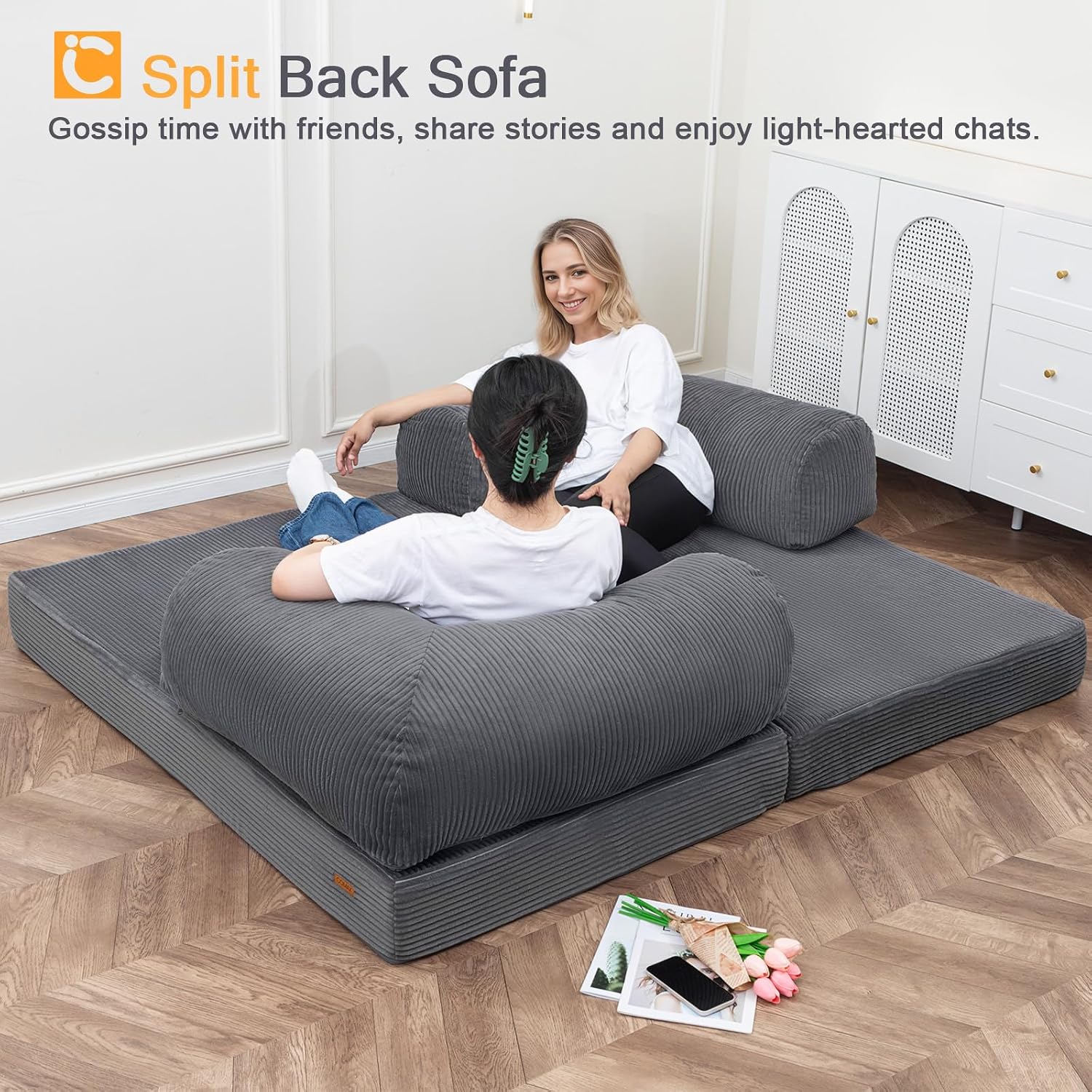COMAX Futon Sofa Bed, 4-in-1 Floor Foldable Sofa Couch Bed Queen with L-Shaped Armrests, Convertible Folding Chair Bed Sleeper Mattress Fold Out Comfy Lounge for Living Room Bedroom, Grey