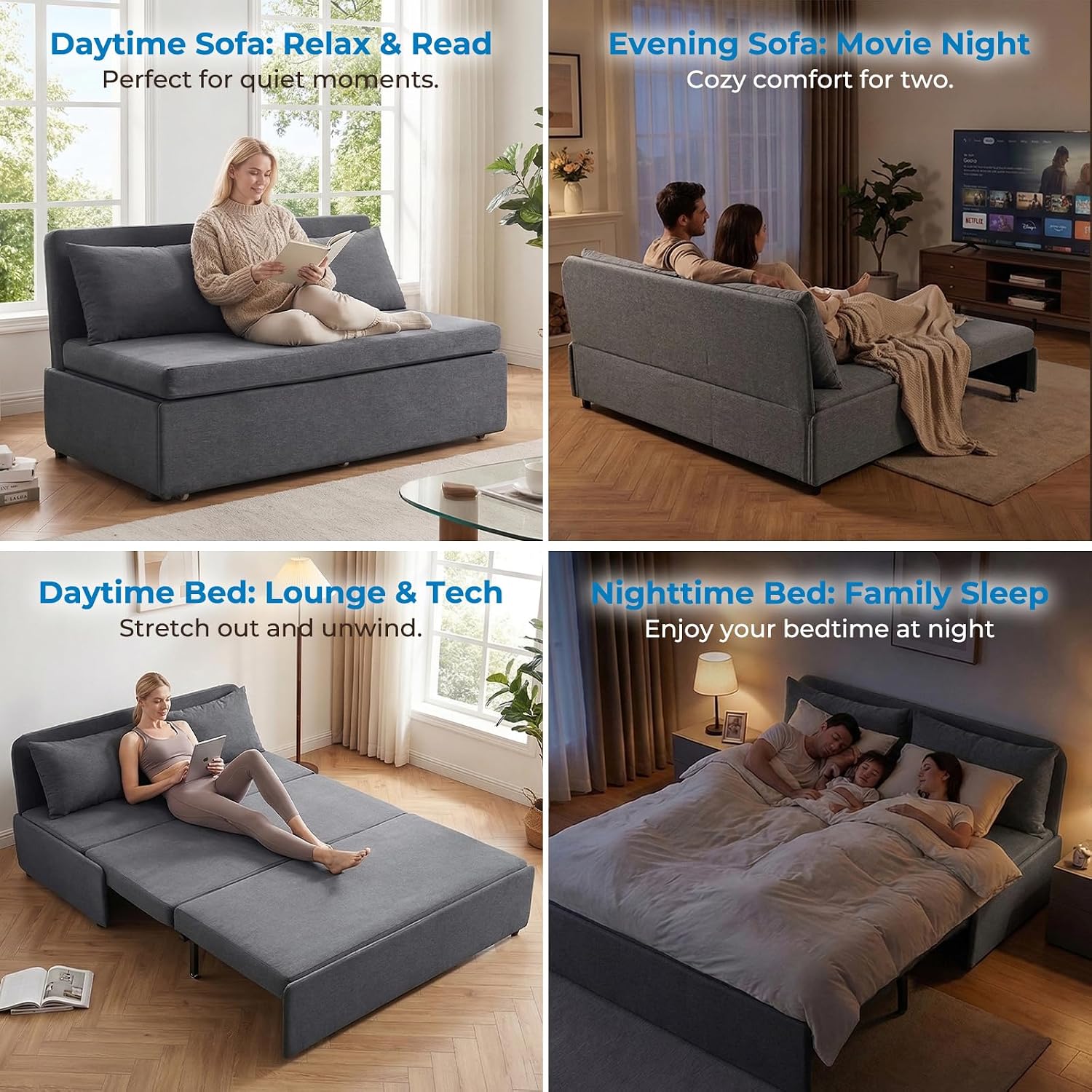 Mjkone 64' W Sofa Bed Queen Size with Pull Out Bed, 2-in-1 Modern Linen Living Room Pull Out Sleeper Sofa Couch Beds with Cushions &Throw Pillows for Apartment Office Studio Small Place, Dark Grey
