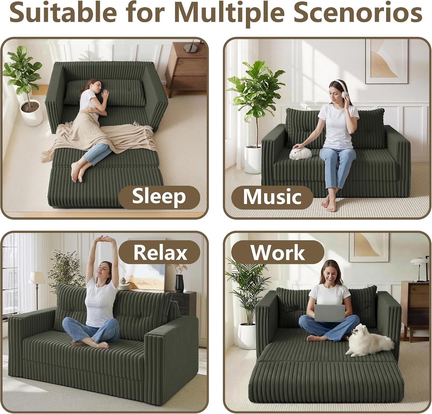 HABUTWAY Folding Sofa Bed, 2 in 1 Convertible Sleeper Chair with Pillow, Portable Fold Out Chair Bed with Armrest, Comfy Floor Couch, Lazy Sofa for Living Room Bedroom Dorm Home Office, Green