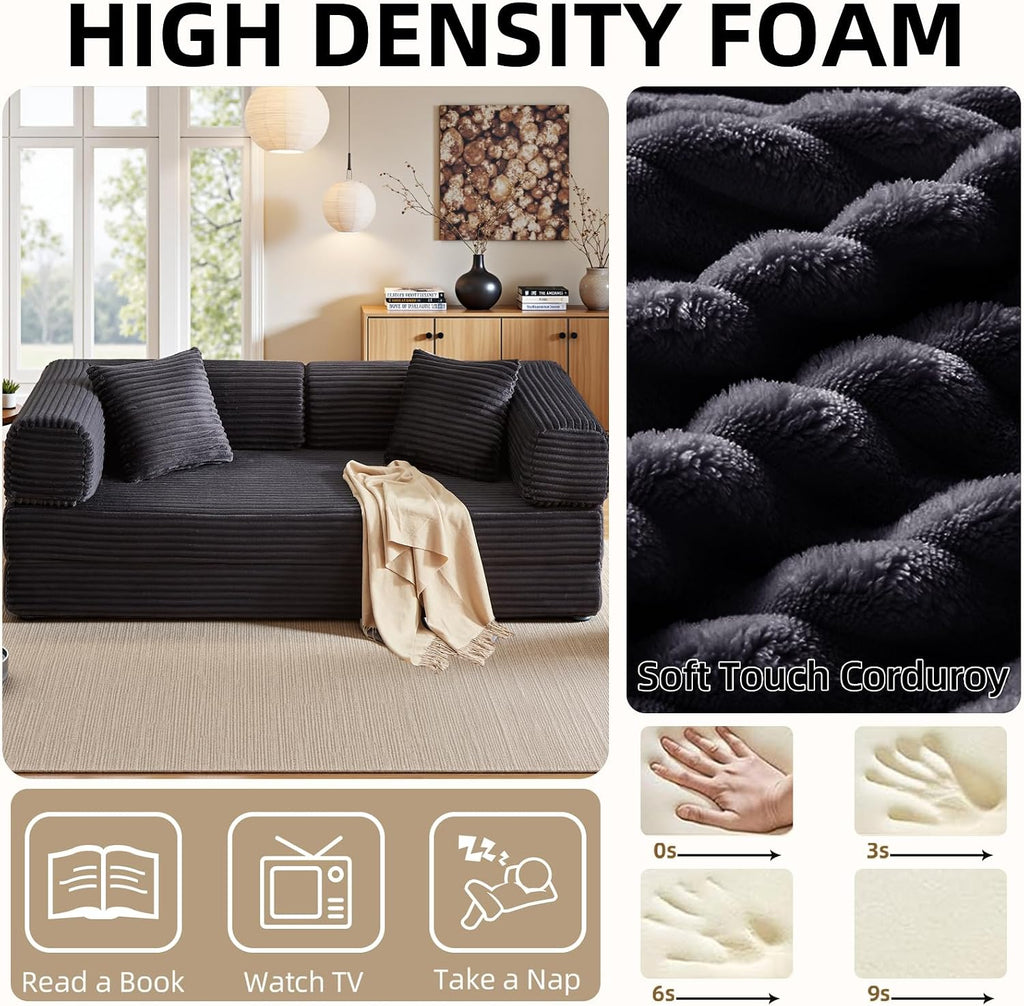 81 Inch Convertible Futon Sofa Bed,Fold Out Floor Sofa Couch with Fixed-Shape Frame,Corduroy Foldable Mattress Pull-Out Couches for Living Room (Dark Grey)