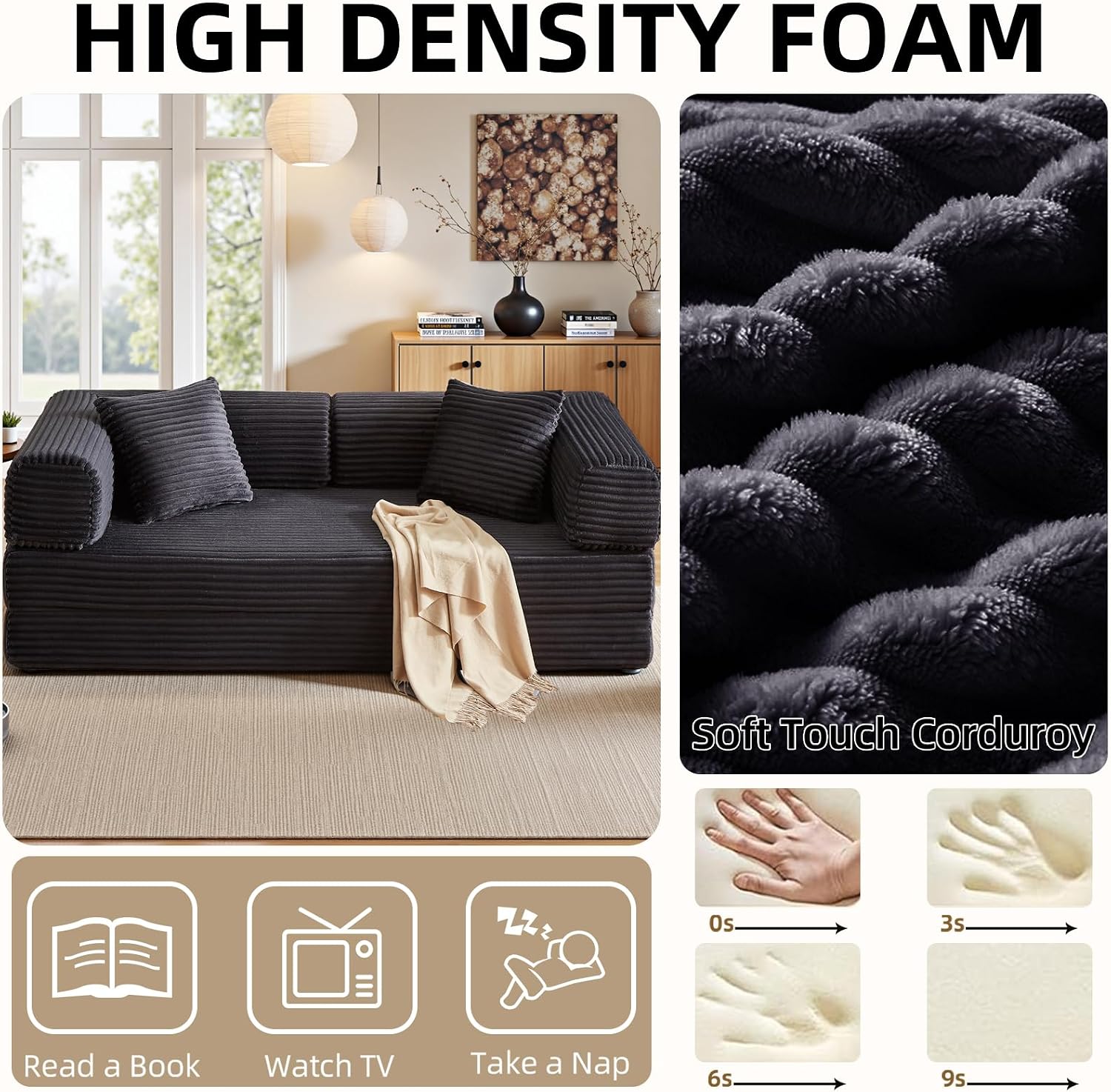 81 Inch Convertible Futon Sofa Bed,Fold Out Floor Sofa Couch with Fixed-Shape Frame,Corduroy Foldable Mattress Pull-Out Couches for Living Room (Dark Grey)
