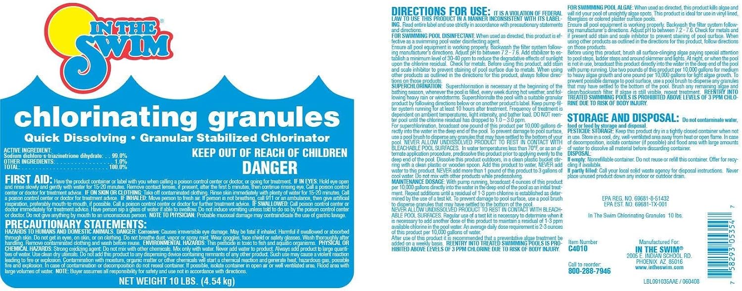 In The Swim Sodium Dichlor Chlorine Shock Granules for Sanitizing Swimming Pools – Fast Dissolving, pH Balanced Sanitizer - 56% Available Chlorine, 99% Sodium-Dichlor – 25 Pound