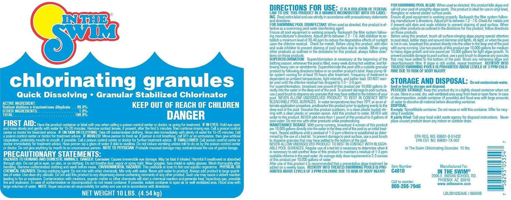 In The Swim Sodium Dichlor Chlorine Shock Granules for Sanitizing Swimming Pools – Fast Dissolving, pH Balanced Sanitizer - 56% Available Chlorine, 99% Sodium-Dichlor – 40 Pound