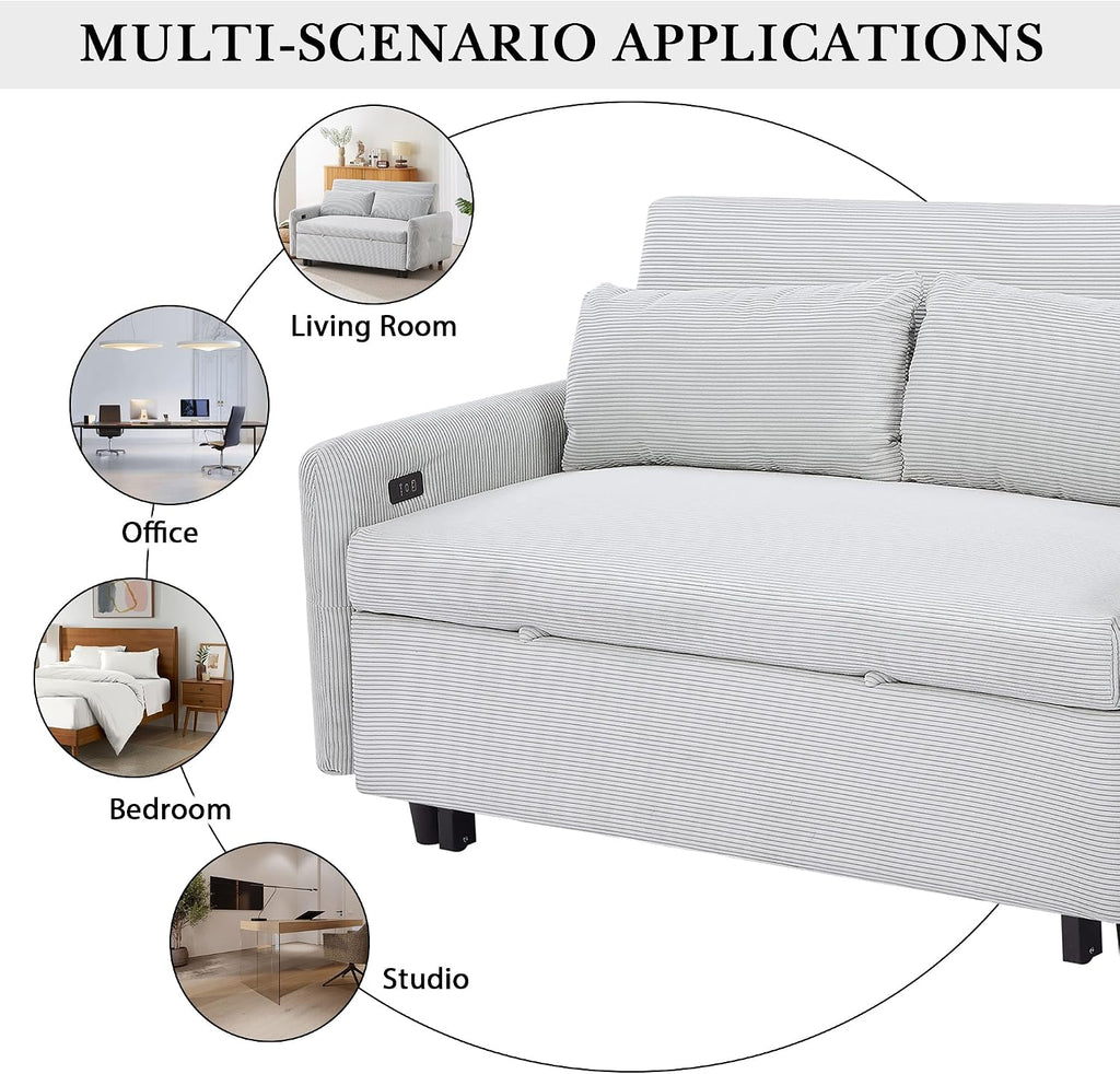 Merax Pull-Out Sofa Bed with Adjustable Backrest and Two Throw Pillows, 2 Seat Loveseat Lounge & Type C and USB Ports, 3 in 1 Convertible Sleeper Couch for Living Room, Light Blue