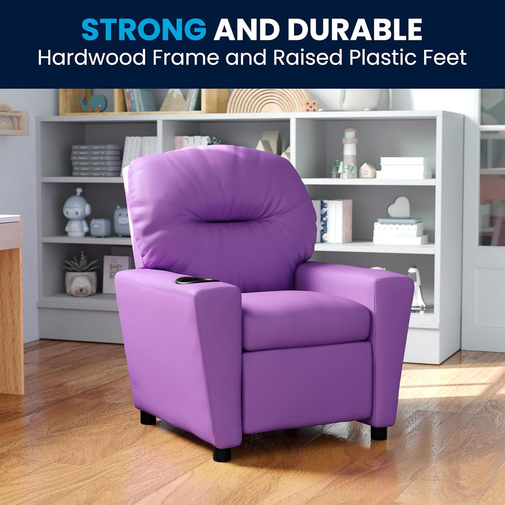 Flash Furniture Chandler Vinyl Kids Recliner with Cup Holder and Safety Recline, Contemporary Reclining Chair for Kids, Supports up to 90 lbs., Lavender