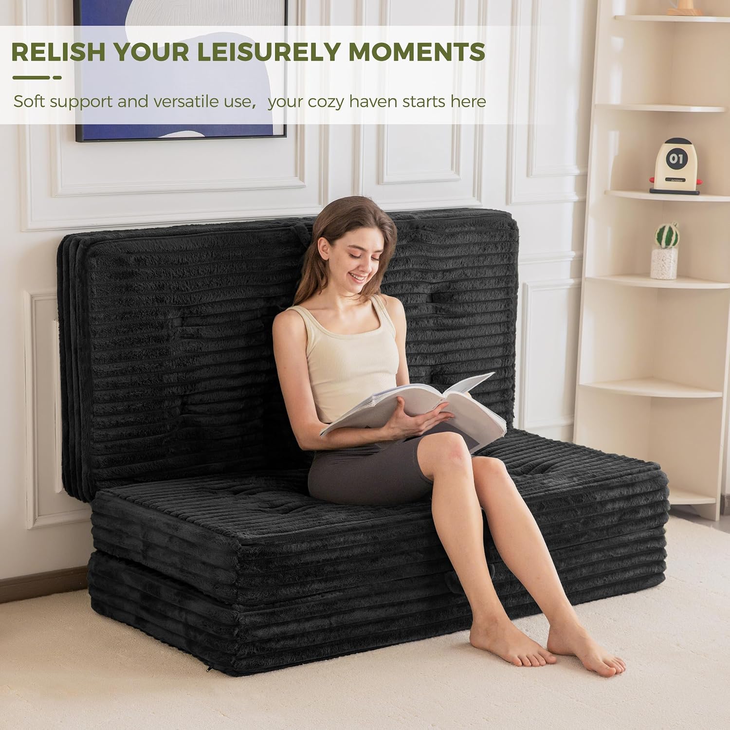MAXYOYO Folding Sofa Couch Bed, 6 Inch Tri-Fold Floor Sofa Bed, Folding Mattress with Handles, Soft Faux Fur Folding Bed with Supportive Foam Filling, Portable Couch for Living Room, Full, Black
