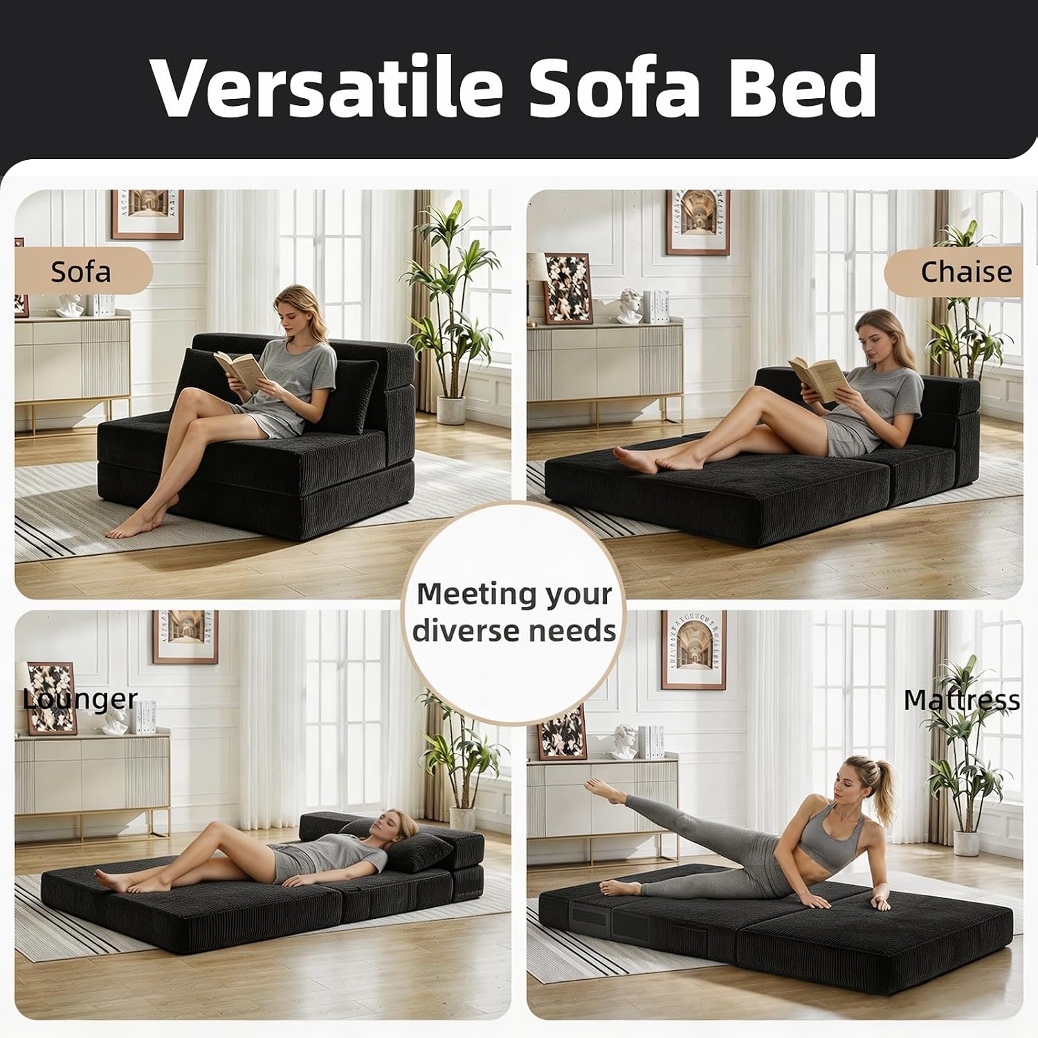 Folding Sofa Bed,Convertible Sleeper Chair with Pillow, Loveseat Fold Out Chair Bed, Memory Foam Floor Couch Mattress, Foldable Futon Couch Lounge for Living Room (Black-Corduroy, Twin)