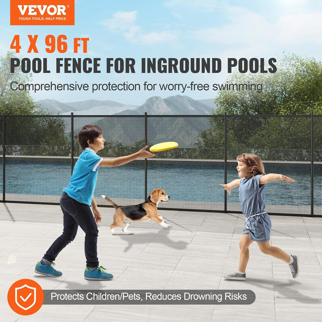 VEVOR Pool Fence, 4 x 96 FT Pool Fences for Inground Pools, Removable Pool Fencing, Easy DIY Installation Swimming Pool Fence, 340gms Teslin PVC Mesh, Pool Safety Fence, Black