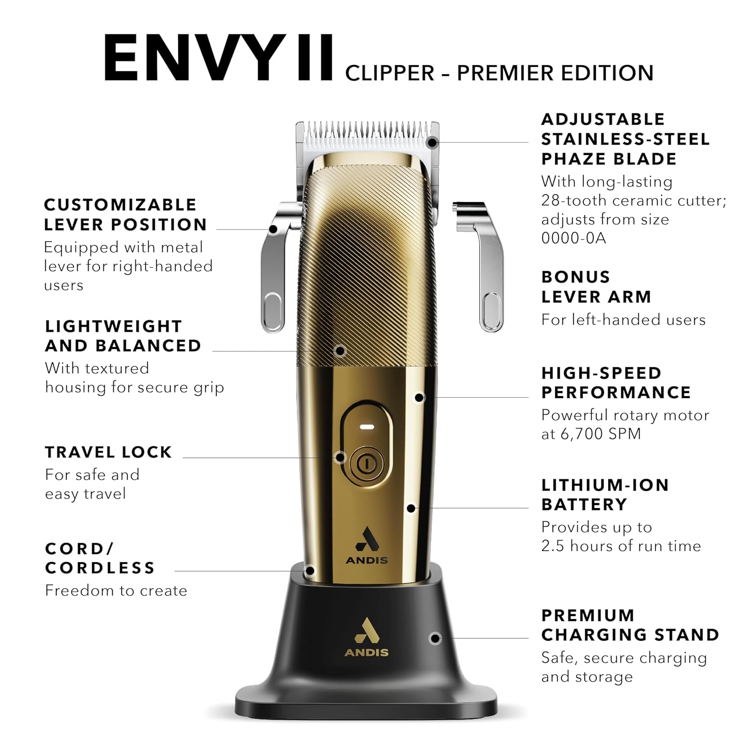 Andis Envy II Cordless Clipper Premium Edition, Professional Lithium-ion Electric Beard & Hair Clipper, Phaze Blade, Cordless, Gold